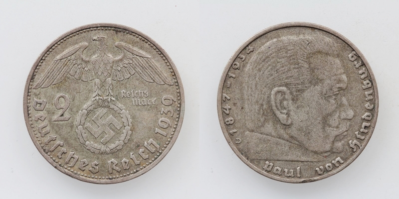Drittes Reich 2 Reichsmark 1939 D Hindenburg