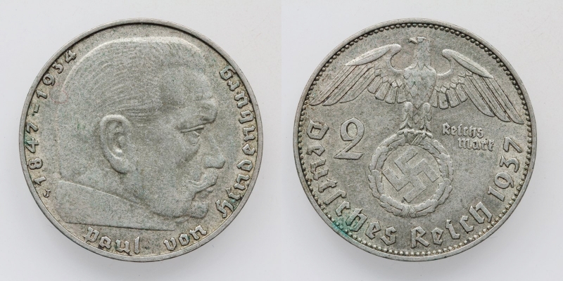 Deutschland 3. Reich 2 Reichsmark 1937 J Hindenburg