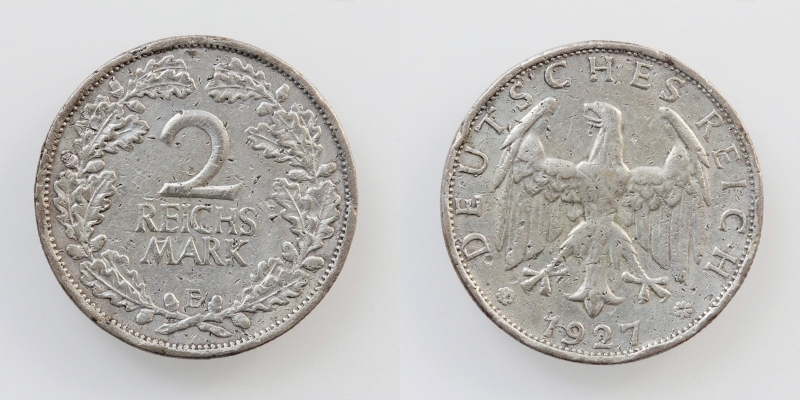 Weimarer Republik 2 Reichsmark 1927 E R!