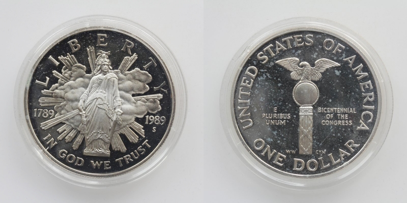USA 1 Dollar 1989 200 Jahre Kongress Silber 900