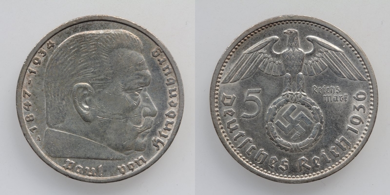 Drittes Reich 5 Reichsmark 1936 A Hindenburg