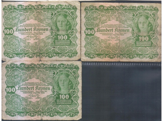 Österreich-Ungarn 100 Kronen 1922 3 Stück