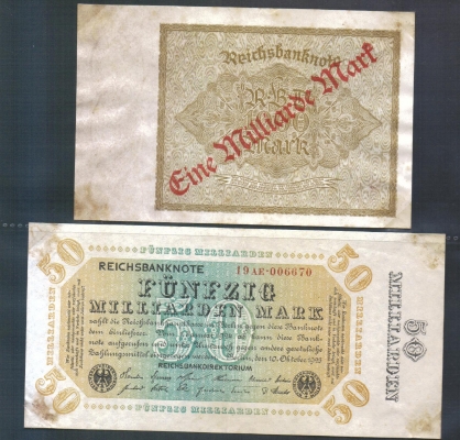 Deutsches Reich Inflation 1 und 50 Milliarden Mark 1923 2 Stück