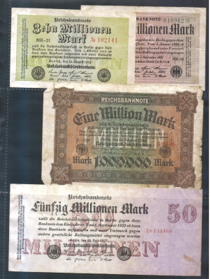 Deutsches Reich 1, 20, 30 und 50 Millionen Mark 1923 4 Stück