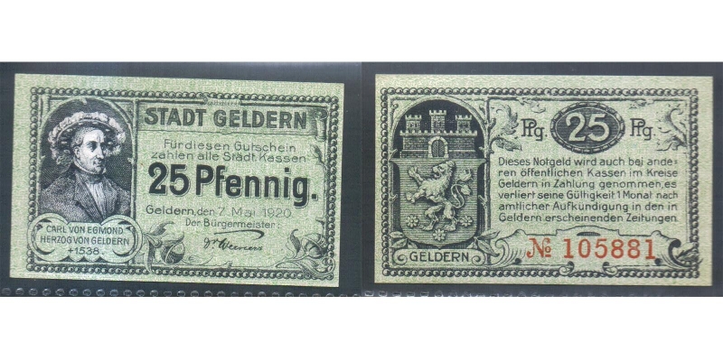 Nordrhein-Westfalen Notgeld Geldern 25 Pfennig 1920