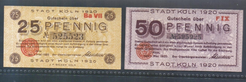Rheinland Notgeld Köln 25 und 50 Pfennig 1920