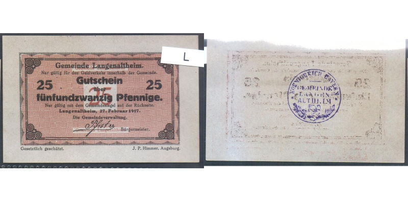Bayern Gemeinde Langenaltheim 25 Pfennig 1917