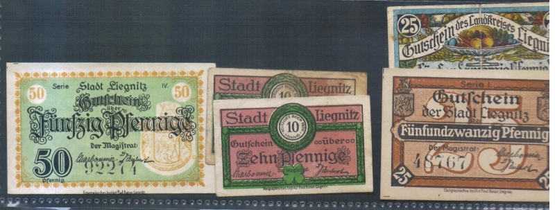 Schlesien Stadt Liegnitz 10, 25 und 50 Pfennig o.D. (1920) 5 Scheine
