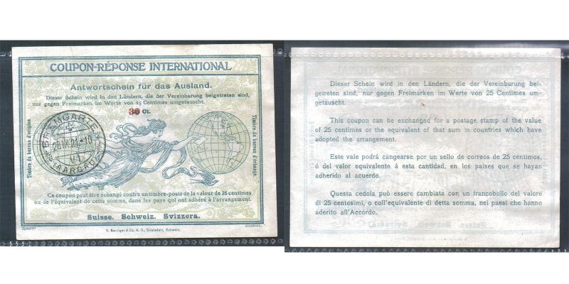 Schweiz Antwortschein für das Ausland 25 Centimes Stempel 1921