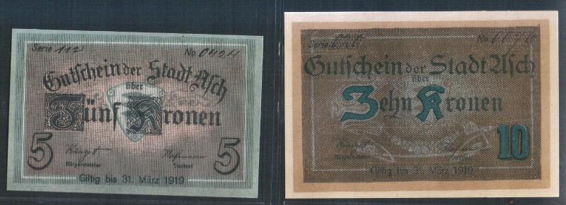 Böhmen Gutschein der Stadt Asch 5 und 10 Kronen 1918 R!