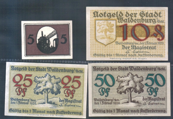 Schlesien Waldenburg 5,10,25 und 50 Pfennig 1920