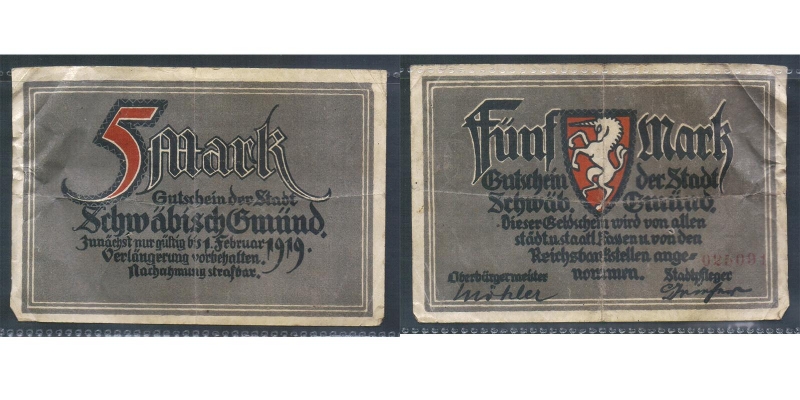 Württemberg Schwäbisch Gmünd 5 Mark 1919