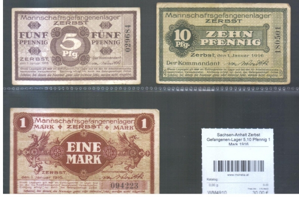Sachsen-Anhalt Zerbst Gefangenen-Lager 5,10 Pfennig 1 Mark 1916