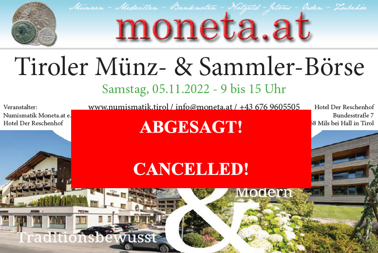 ABGESAGT! 1. Tiroler Münz- & Sammler-Börse / Samstag, 05.11.2022