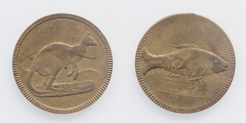 Spielgeld Messing Fisch und Känguru o.J.
