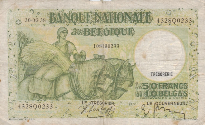 Belgien 50 Francs 10 Belgas 1938