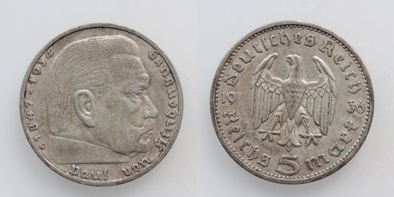 Deutsches Reich 5 Reichsmark 1936 A Hindenburg