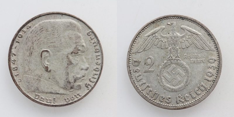 Deutsches Reich 2 Reichsmark 1939 D Hindenburg