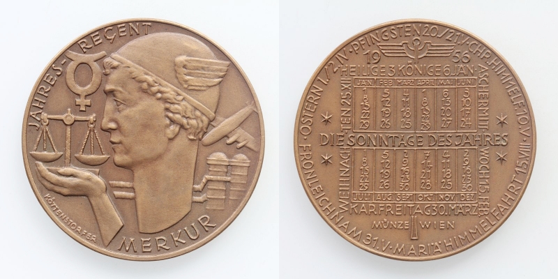 Österreich Kalendermedaille 1956 Bronze Merkur