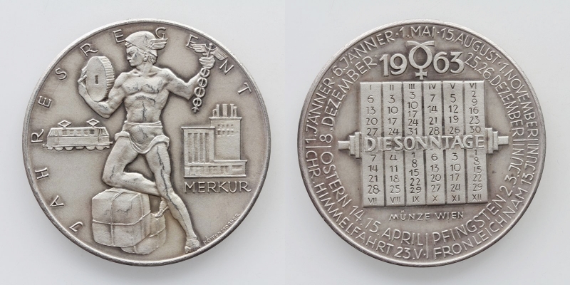 Österreich Kalendermedaille 1963 versilbert Merkur