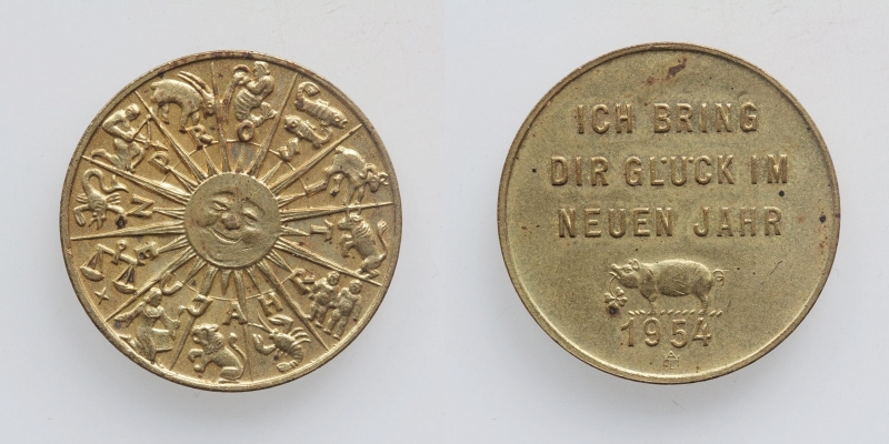 Glücksjeton Prosit Neujahr 1954 Bronze
