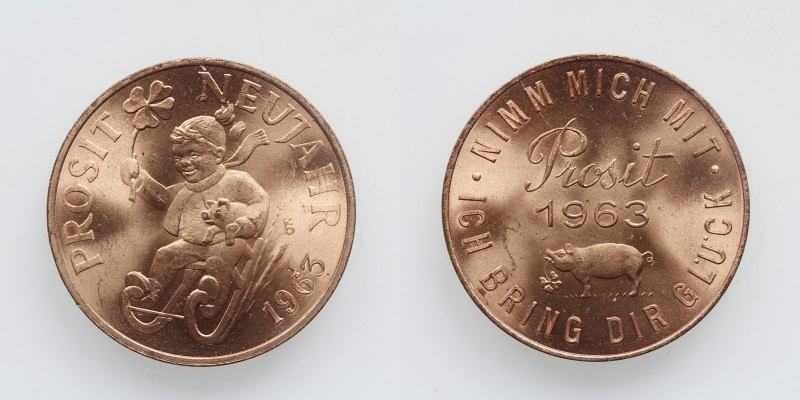 Glücksjeton Prosit Neujahr 1963 Bronze