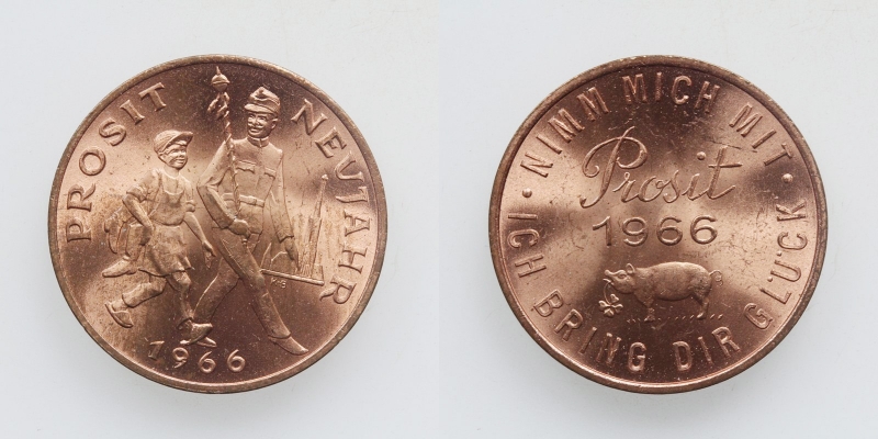 Glücksjeton Prosit Neujahr 1966 Bronze