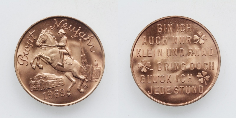 Glücksjeton Prosit Neujahr 1969 Bronze