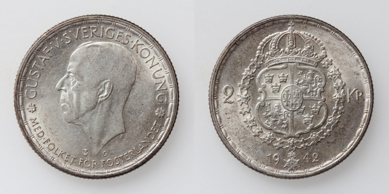 Schweden Gustav V. 2 Kroner 1942 G Silber