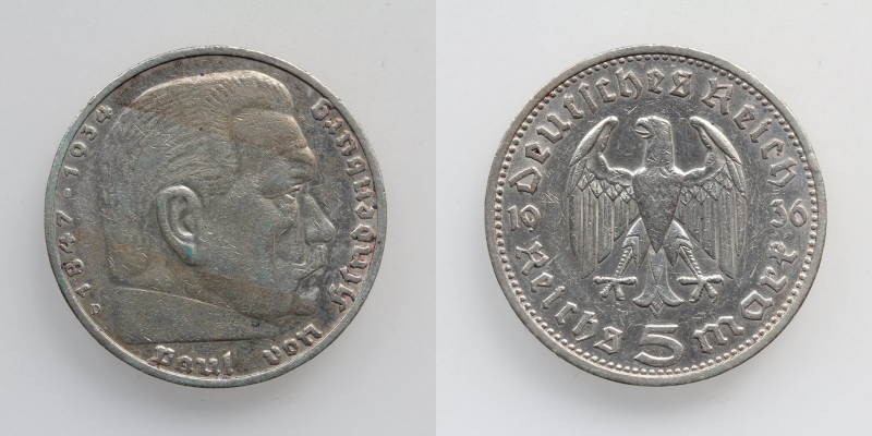 Deutsches Reich 5 Reichsmark 1936 D Hindenburg