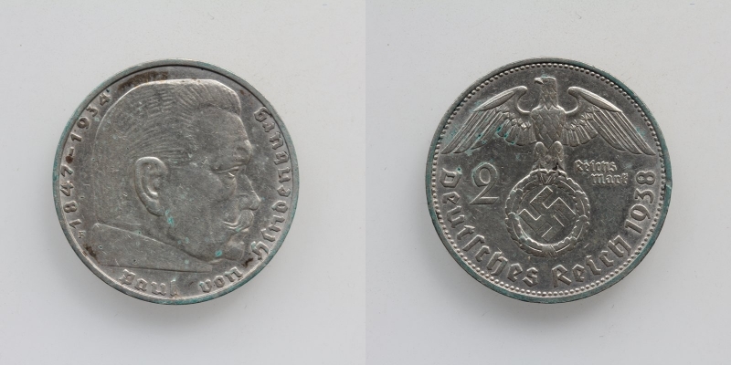 Deutschland 3. Reich 2 Reichsmark 1938 F Hindenburg