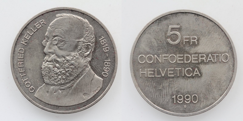 Schweiz 5 Franken 1990 B 100. Todestag von Gottfried Keller