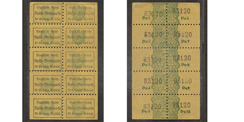 Deutsches Reich Reise-Brotmarke 50 Gramm Gebäck Bogen 10 Stück