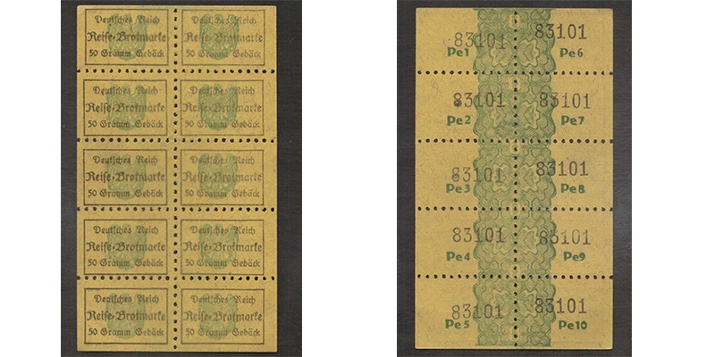 Deutsches Reich Reise-Brotmarke 50 Gramm Gebäck Bogen 10 Stück