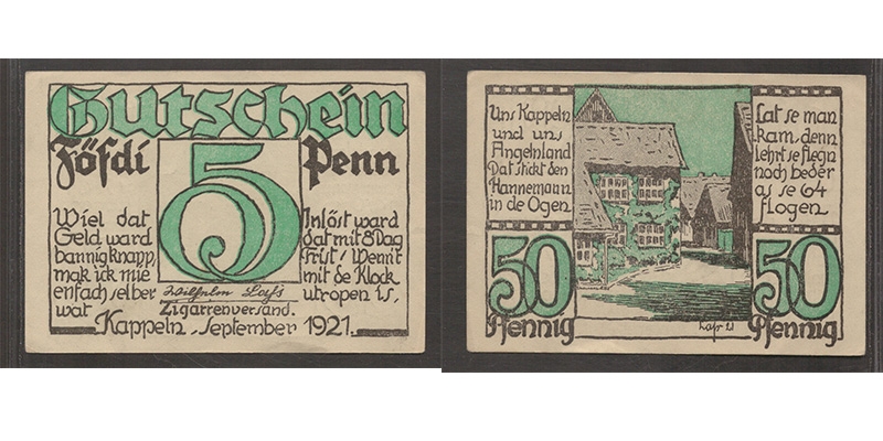 Deutschland Kappeln Wilhelm Lass Zigarrenversand 50 Pfennig 1921