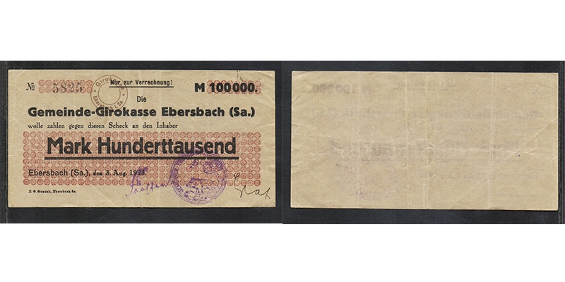 Gemeinde-Girokasse Ebersbach Mark Hunterttausend 1923