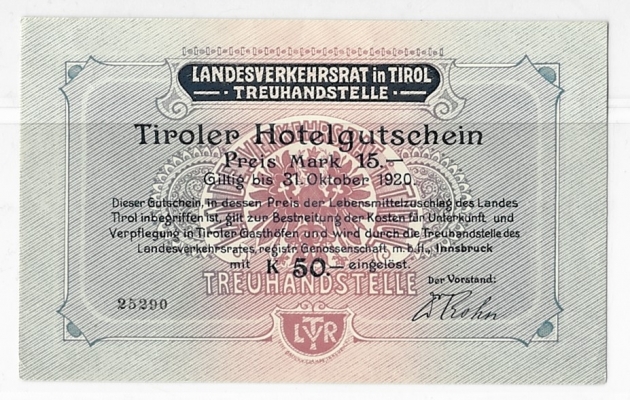 Landesverkehrsrat in Tirol Tiroler Hotelgutschein 15 Mark 1920