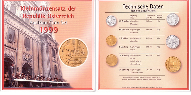 Österreich Kleinmünzensatz 1999 Hugo v. Hofmannsthal