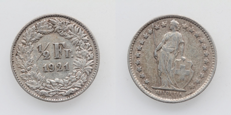 Schweiz 50 Rappen 1/2 Franken 1921 B