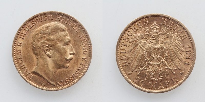 Preussen Wilhelm II. 20 Mark 1911 A Gold