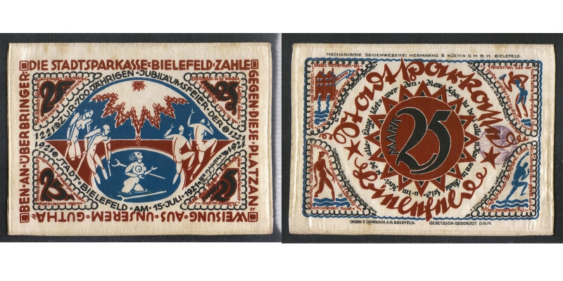 Stadtsparkasse Bielefeld Stoffgeld 25 Mark 1921