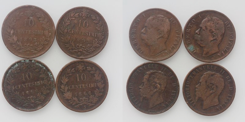LOT Italien 10 Centesimi 1893 B 1866 N 4 Stück