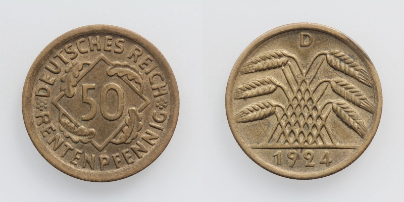 Weimarer Republik 50 Rentenpfennig 1924 D