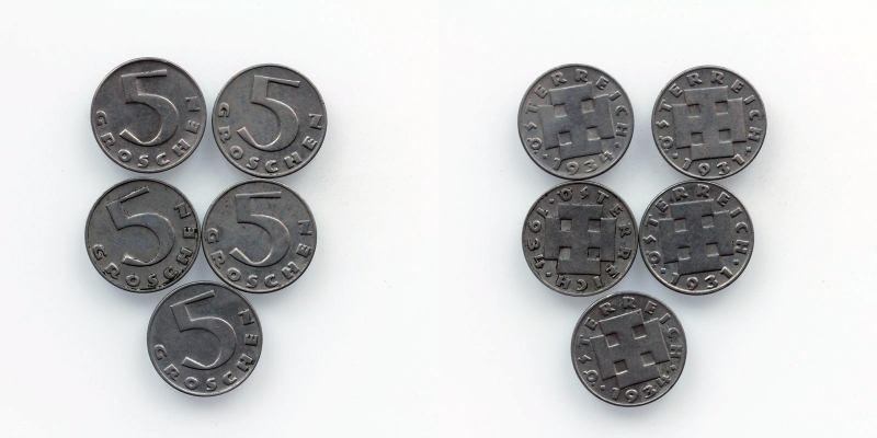 Österreich 1. Republik LOT 5 Groschen 5 Stück