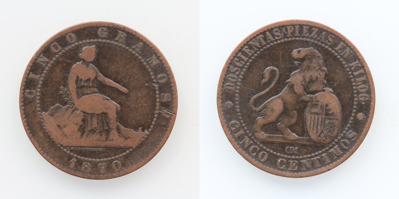 Spanien Provisorische Regierung 5 Centimos 1870