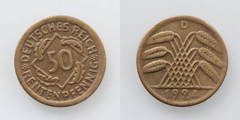 Weimarer Republik 50 Rentenpfennig 1924 D