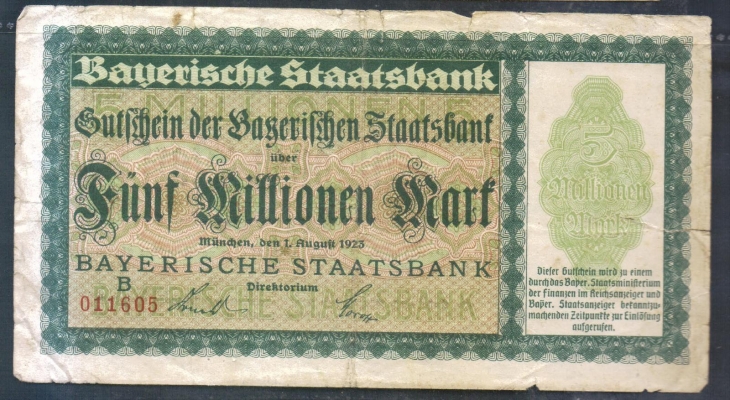 Bayerische Staatsbank 5 Millionen Mark 1923