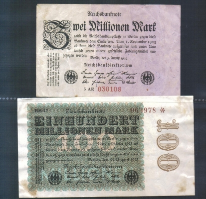 Deutsches Reich 2 und 100 Millionen Mark 1923 2 Stück