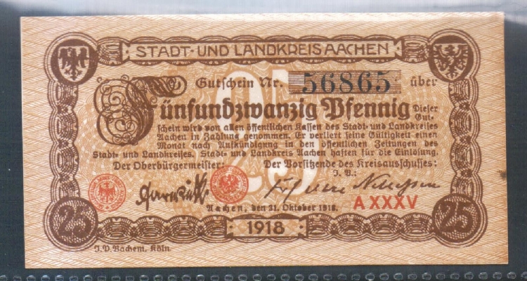 Notgeld Stadt Aachen 25 Pfennig 1918
