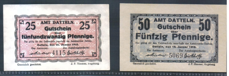 Westfalen Amt Datteln 25 und 50 Pfennig 1918